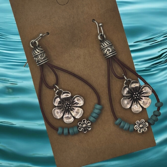 Silver Tone Turquoise Color Stones Floral Teardrop Earrings - Picture 1 of 4